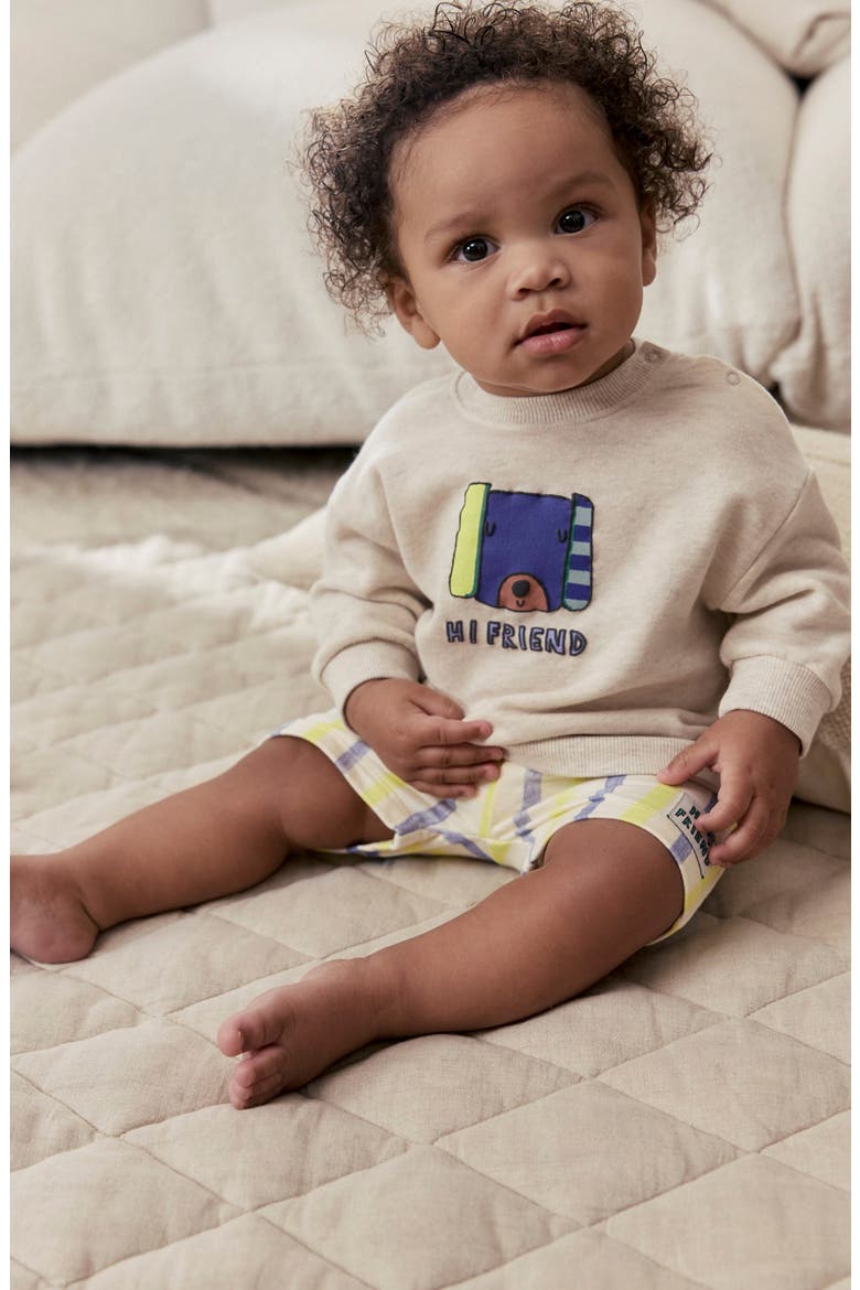 Hi Friend Graphic Sweater & Stripe Shorts Set, Alternate, color, GREY