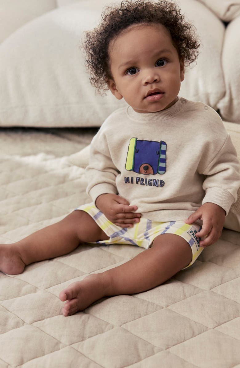 NEXT Hi Friend Graphic Sweater & Stripe Shorts Set, Alternate, color, Grey