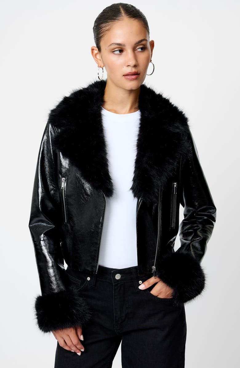 French Connection Camryn Faux Fur Detail Crinkled Moto Jacket, Alternate, color, Black