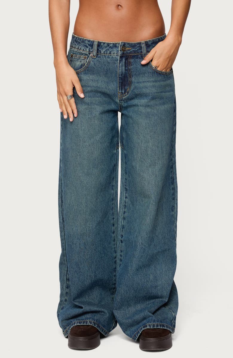 EDIKTED Heartly Low Rise Wide Leg Jeans, Main, color, Blue-Washed