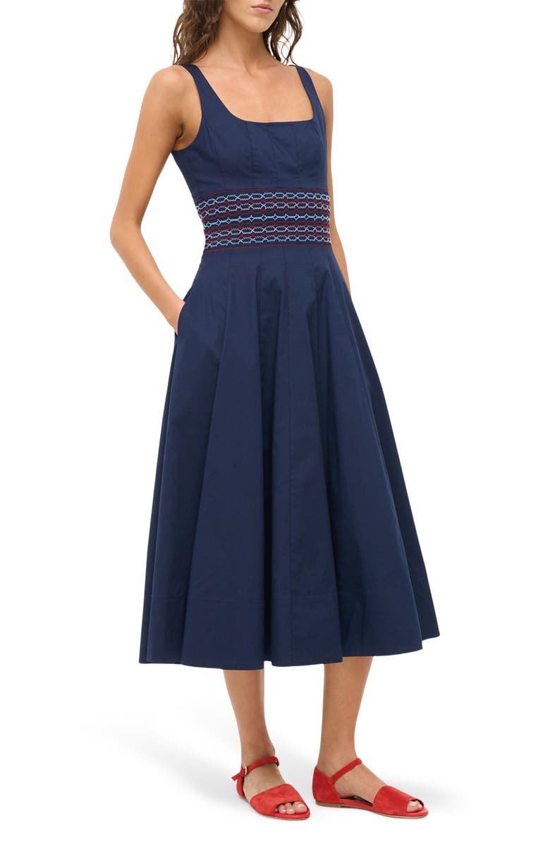 STAUD Rig Embroidered Smocked Waist Stretch Cotton Sundress, Alternate, color, 