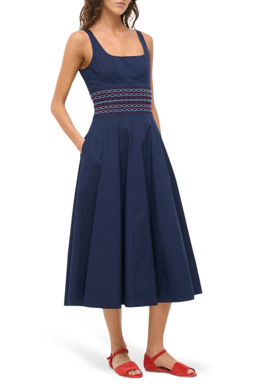 Staud Rig Embroidered Smocked Waist Stretch Cotton Sundress