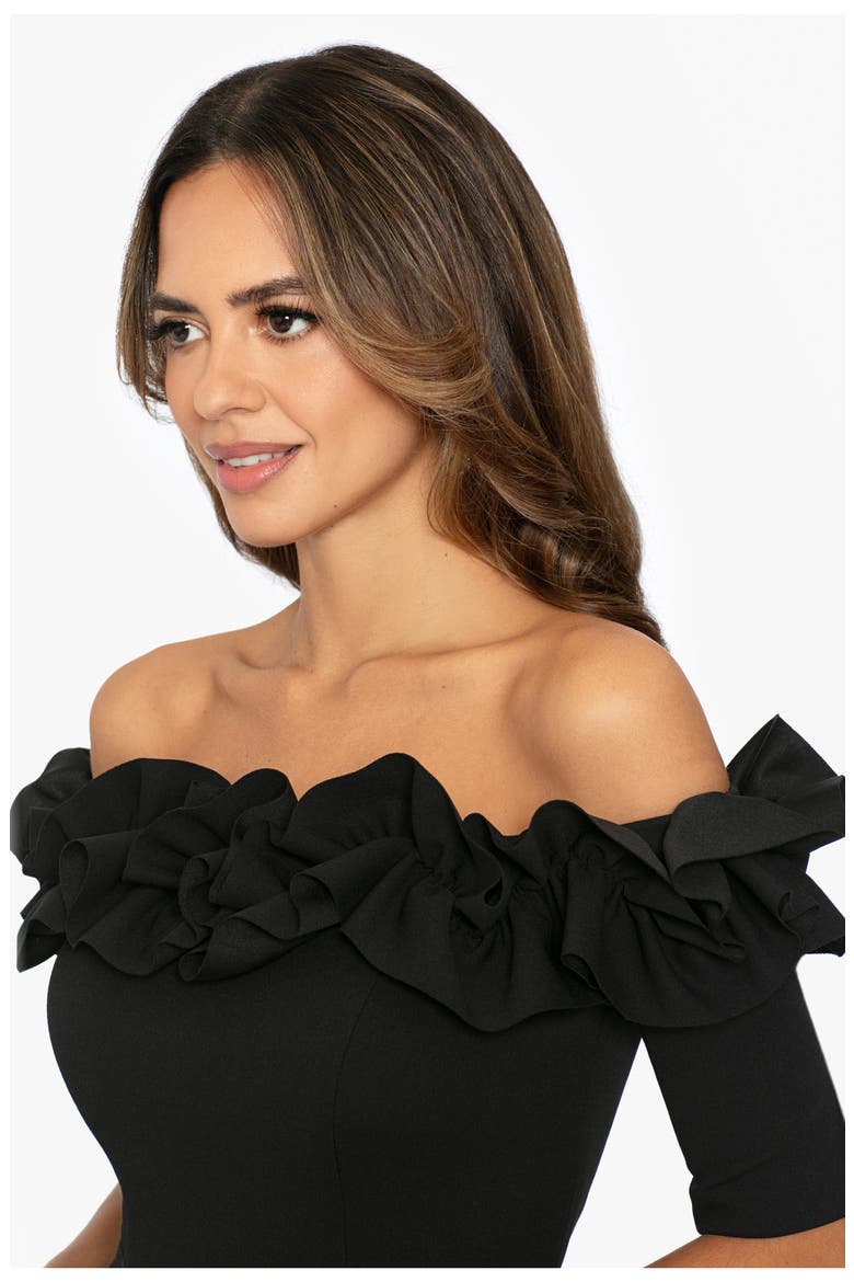 Ruched Ruffle Scuba Crepe Jumpsuit, Alternate, color, BLACK