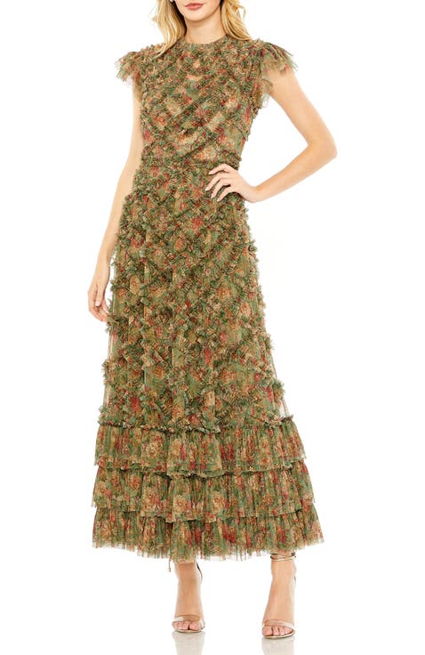 High Neck Ruffle Cap Sleeve A-Line Floral Dress