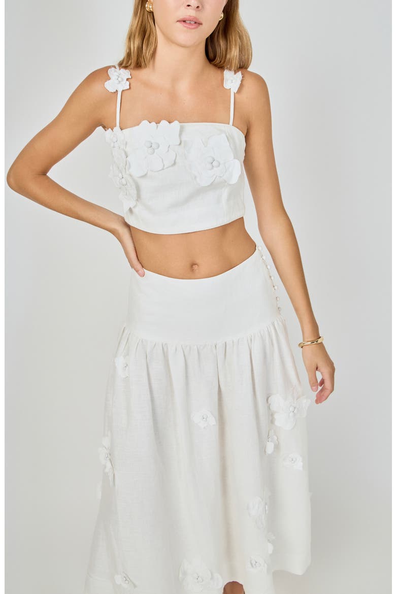 Floral Detail Linen Midi Skirt, Alternate, color, WHITE