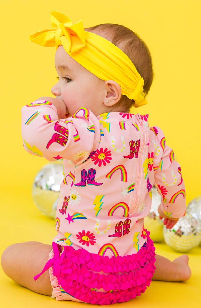 RuffleButts Cowgirl Cutie One-Piece Rashguard Swimsuit, Alternate, color, Pink