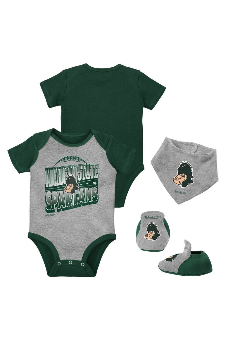 Infant Mitchell & Ness Green/Heather Gray Michigan State Spartans 3-Pack Bodysuit, Bib and Bootie Set, Main, color, Green