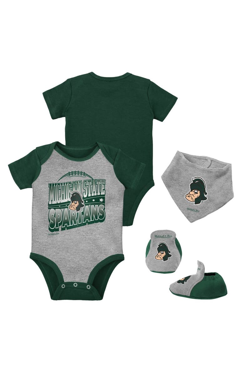 Mitchell & Ness Infant Mitchell & Ness Green/Heather Gray Michigan State Spartans 3-Pack Bodysuit, Bib and Bootie Set, Main, color, Green