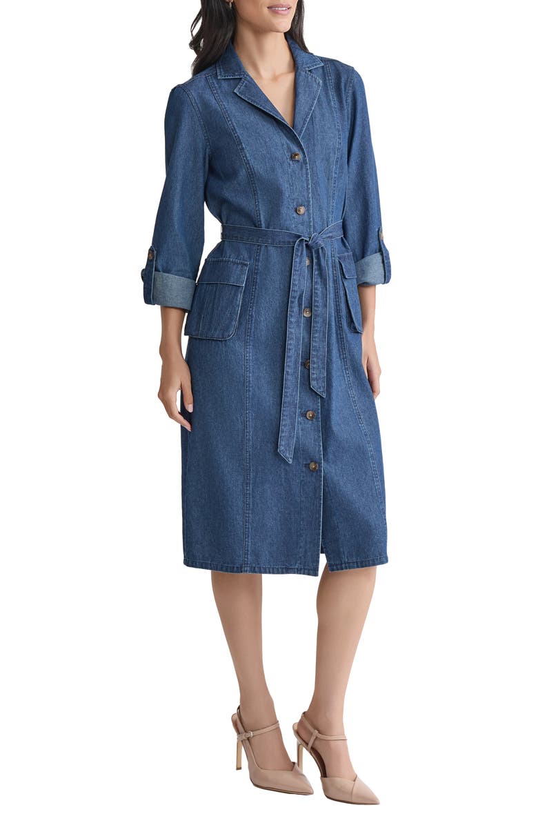 Jones New York Long Sleeve Cotton Denim Midi Shirtdress, Alternate, color, Dark Wash