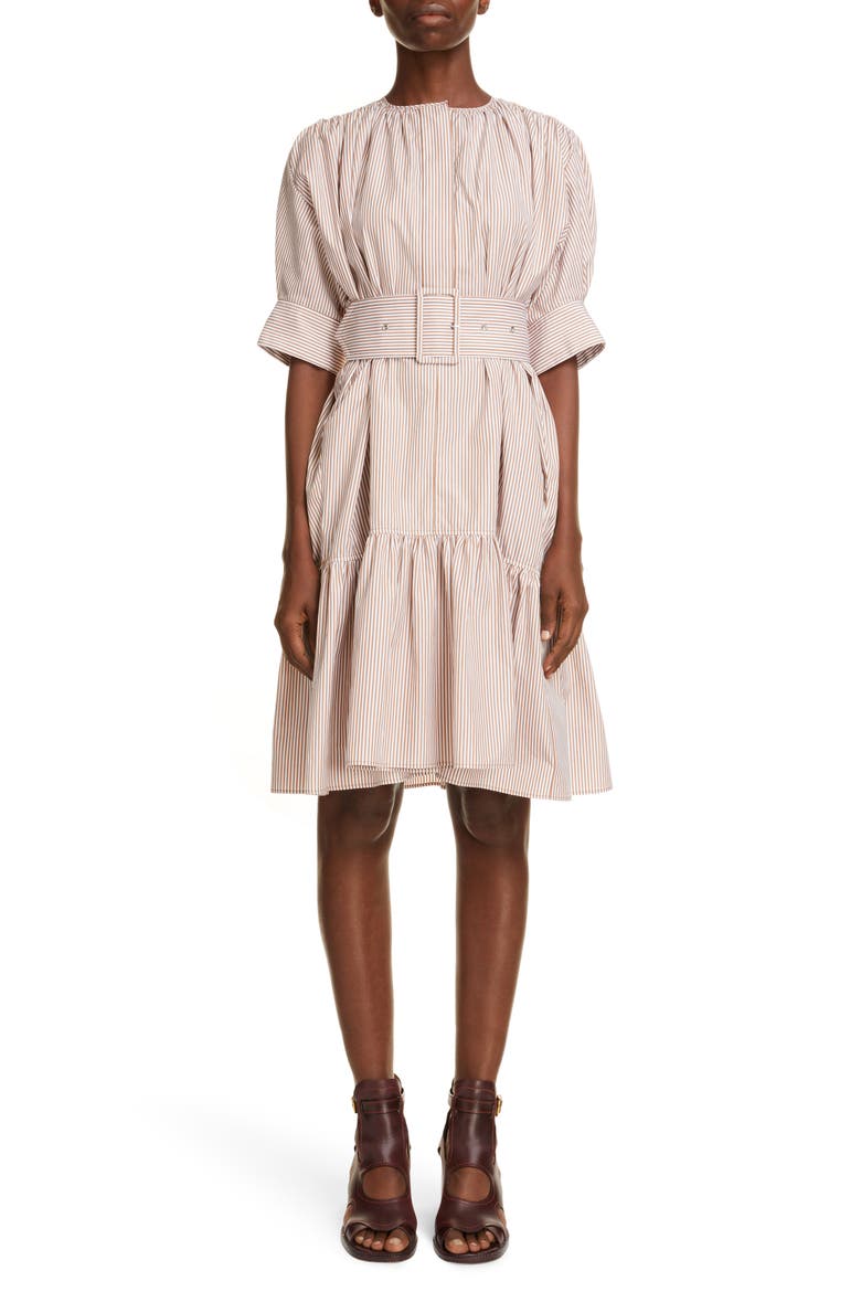 Stripe Embroidered Ruffle Poplin Dress, Main, color, WHITE BEIGE