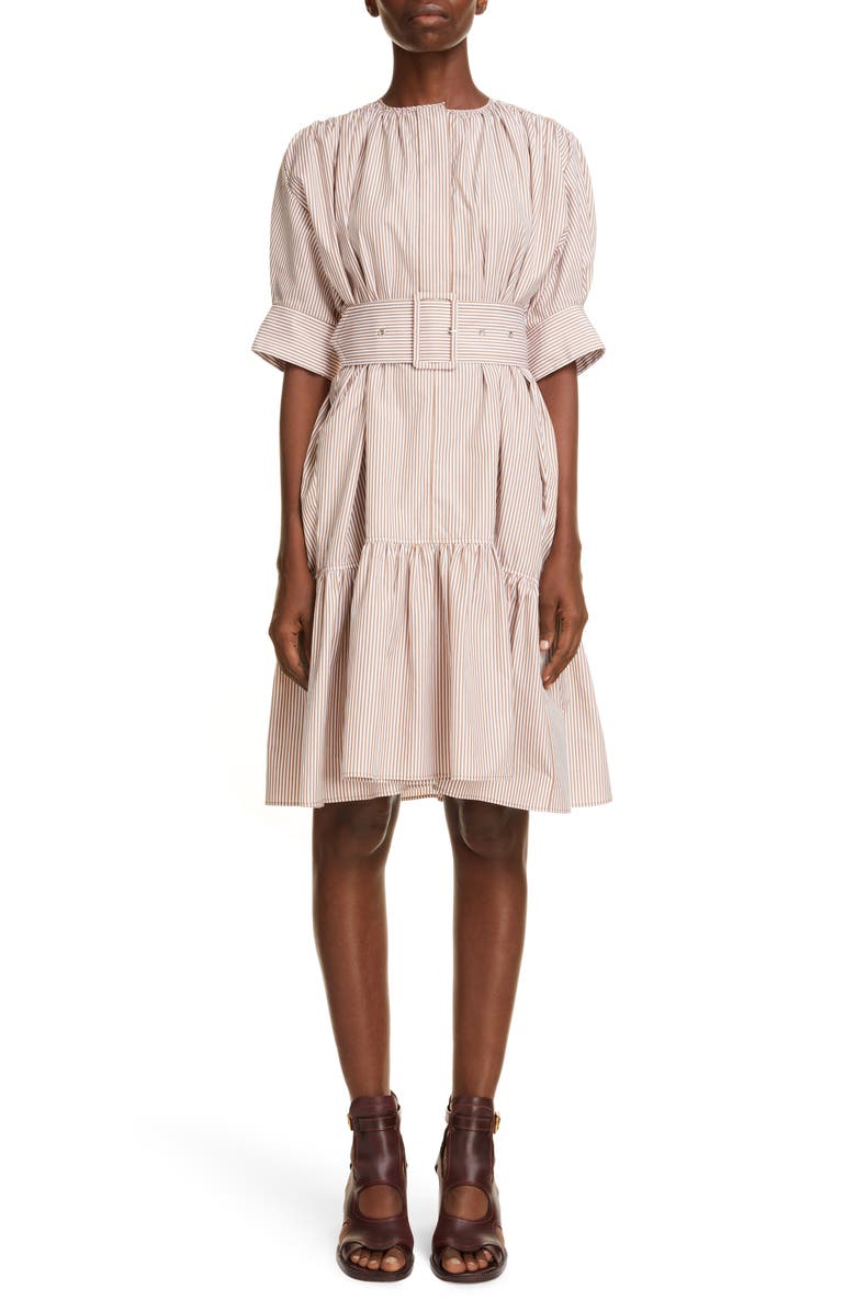 Chloé Stripe Embroidered Ruffle Poplin Dress, Main, color,