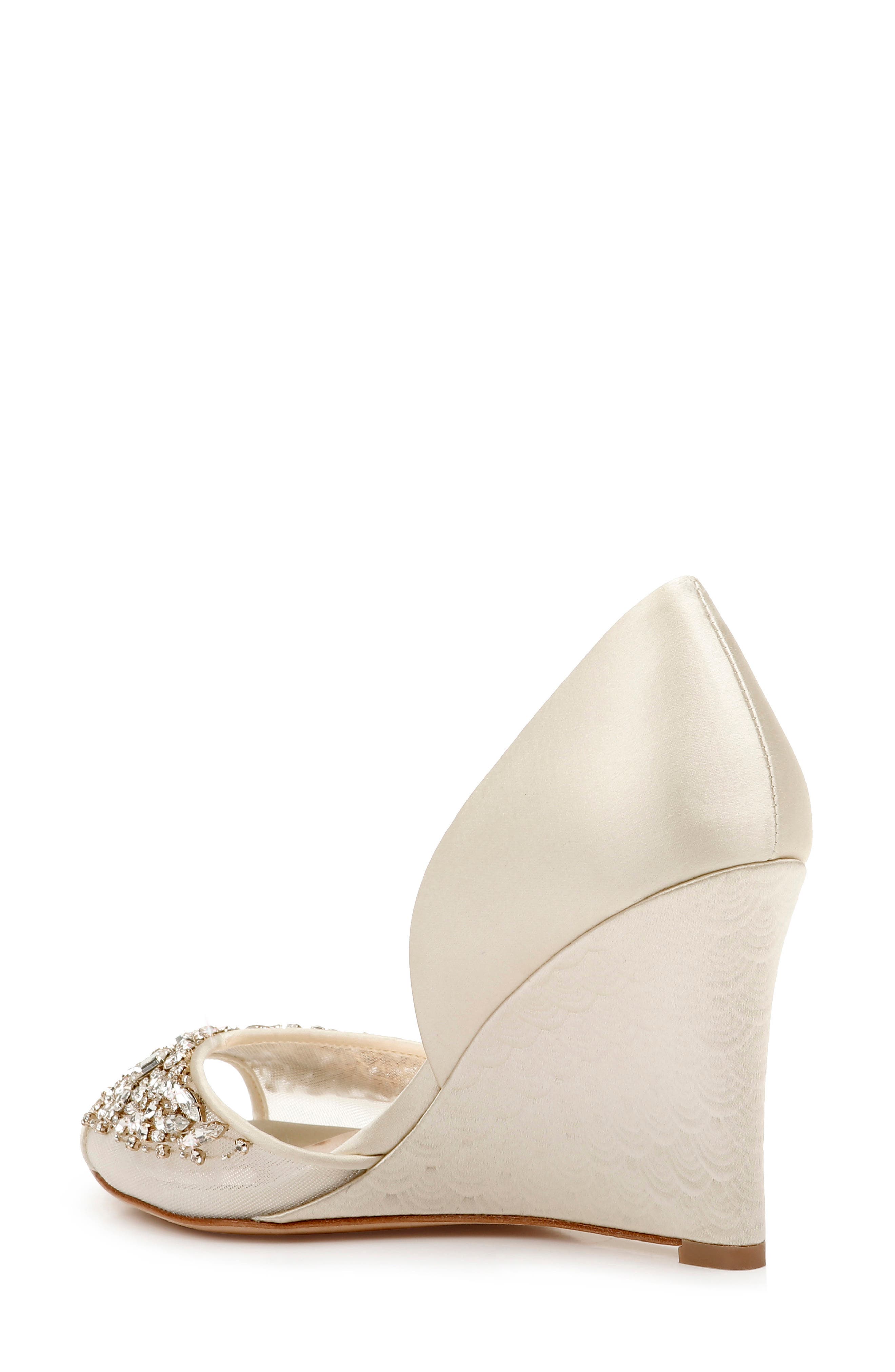 Badgley Mischka Cashmere Crystal Embellished Wedge, Alternate, color, IVORY SATIN