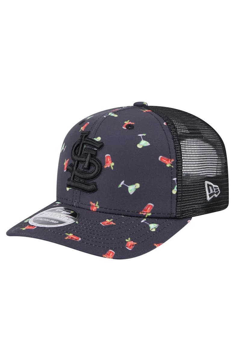 New Era Men's New Era Black St. Louis Cardinals Adventure Drinks Pattern 9SEVENTY Stretch-Snap Hat, Main, color, Navy
