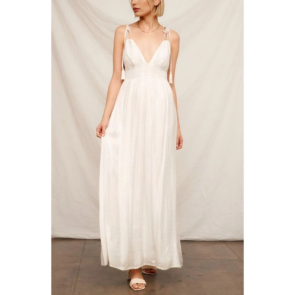 Knit and Lounge Boho Tiered Maxi Dress with Tie-Strap Tassels in White  product