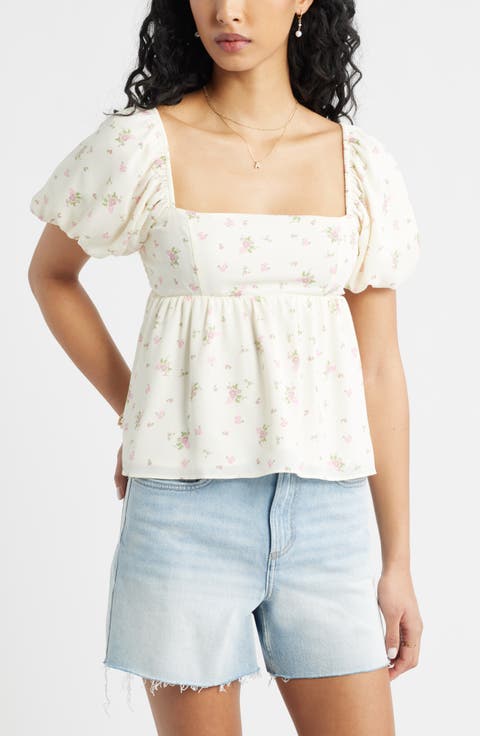 Print Bubble Sleeve Babydoll Top