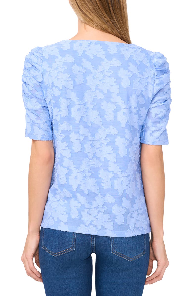 CeCe Floral Jacquard Ruched Sleeve Top, Alternate, color, Vista Blue