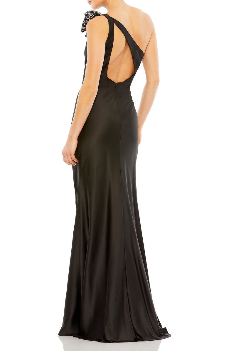 Mac Duggal Sequined Bow Detail One Shoulder Trumpet Gown, Alternate, color, Black