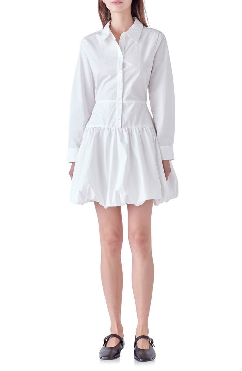 English Factory Long Sleeve Bubble Hem Cotton Poplin Shirtdress, Main, color, Off White