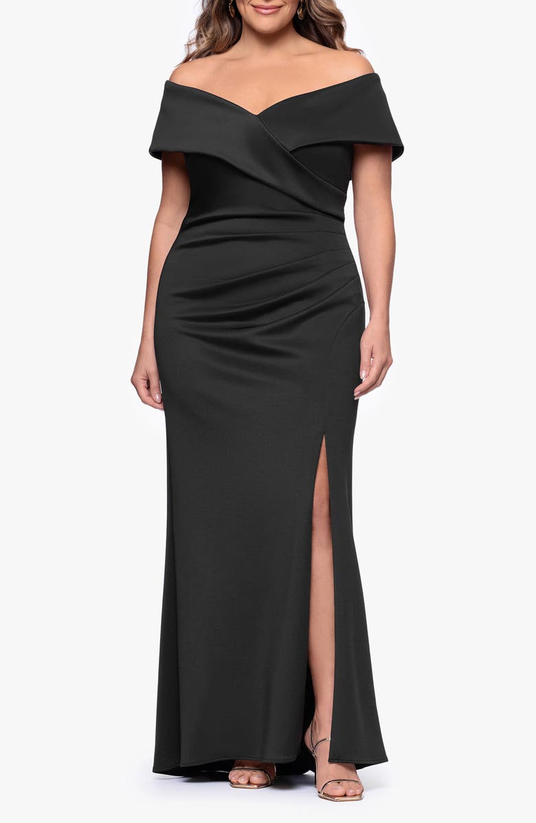 Xscape Evenings Off the Shoulder Scuba Knit Gown, Main, color, Black