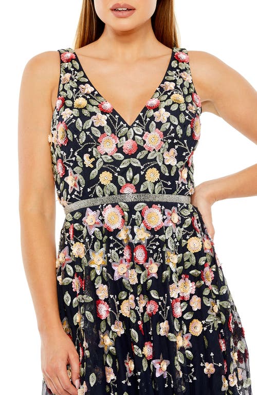 Mac Duggal Deep V Neck Embroidered Tea Length Dress In Midnight Multi