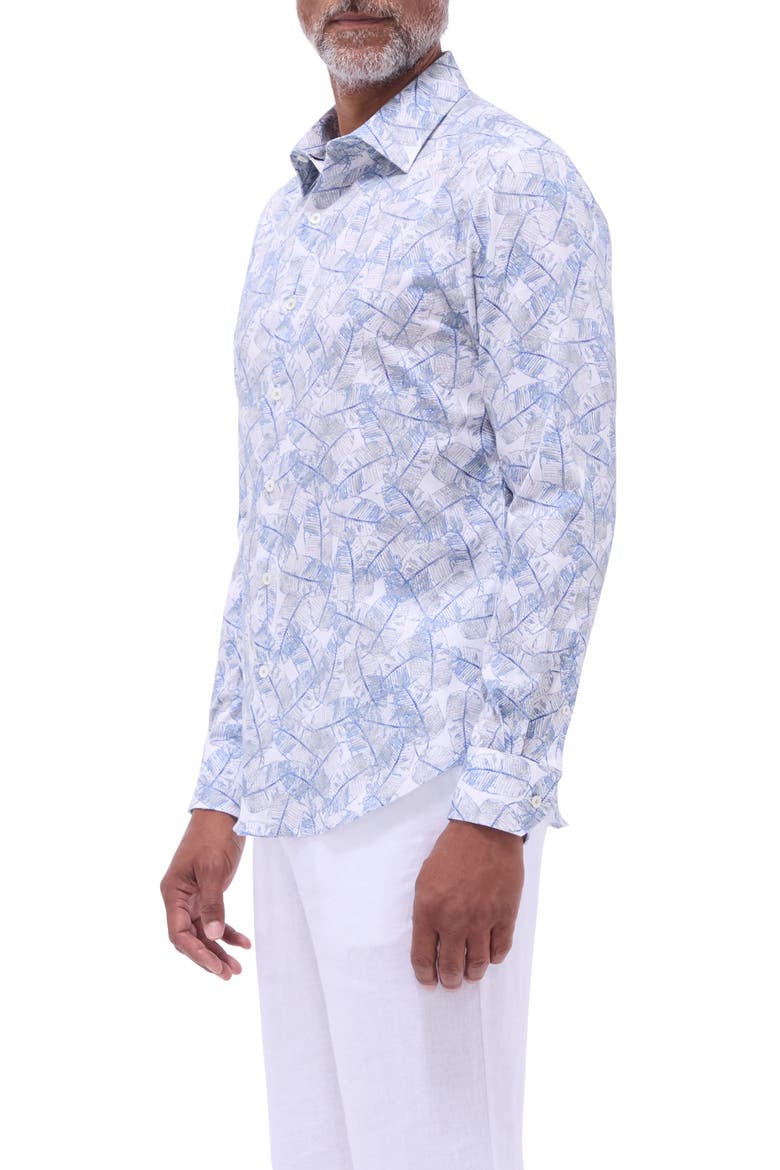 Julian Shaped Fit Leaf Print Stretch Cotton Button-Up Shirt, Alternate, color, COBALT