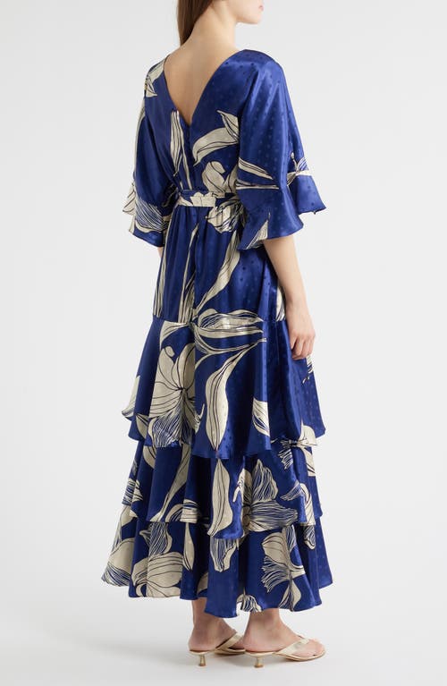 Ciebon Calix Floral Dot Jacquard Tiered Satin Maxi Dress In Blue