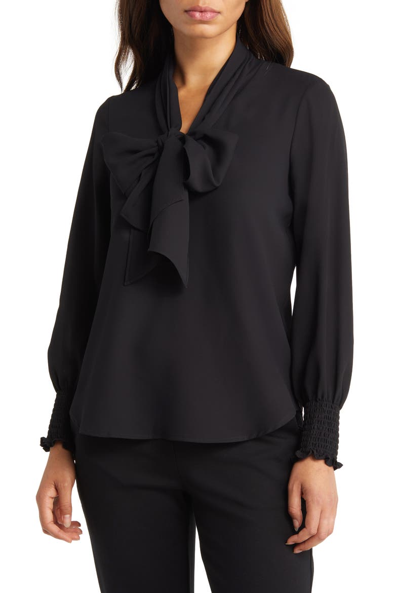 Smocked Cuff Bow Blouse, Main, color, ANNE BLACK