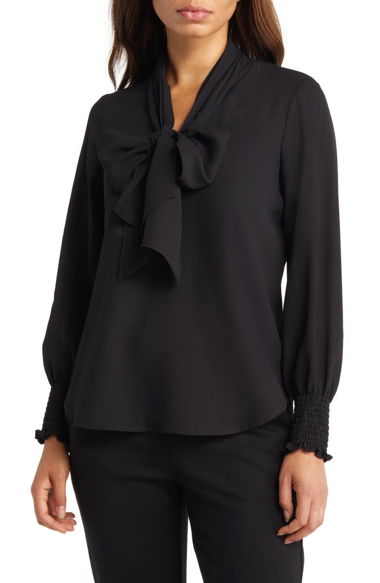Anne Klein Smocked Cuff Bow Blouse, Main, color,