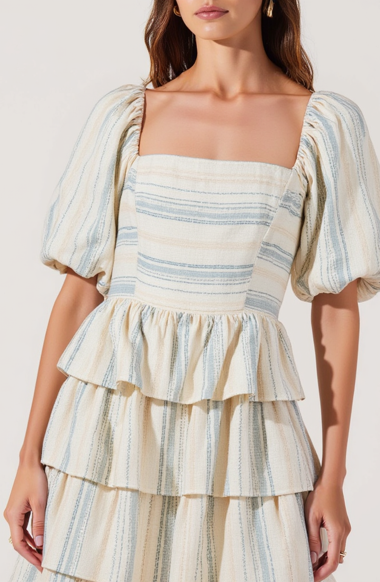 Modenaire Puff-Sleeve Tiered Maxi Dress with Smocked Bodice, Alternate, color, Beige