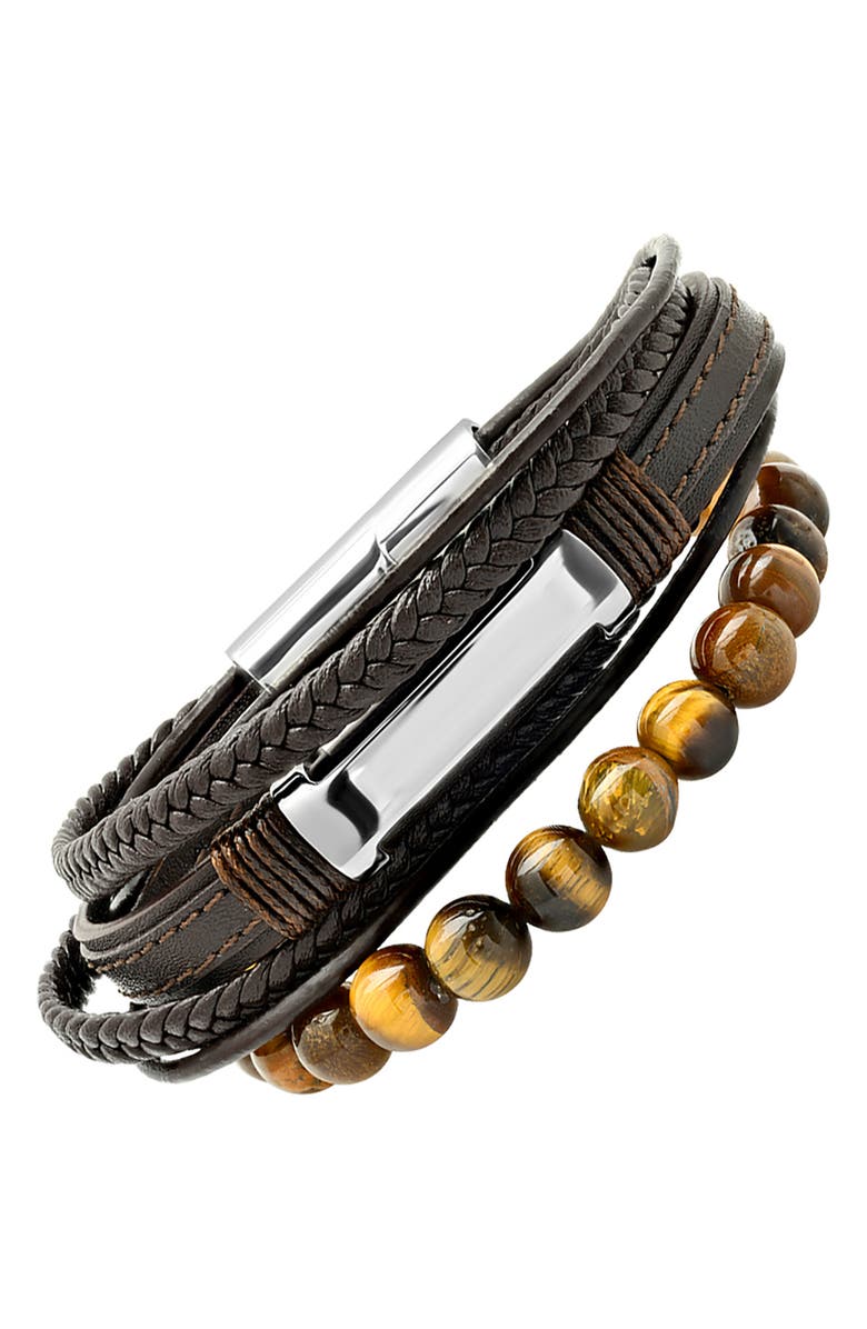 STEELTIME Men's Brown Leather Stainless Steel Tiger's Eye Beaded Layered Bracelet, Alternate, color, Brown-Metallic