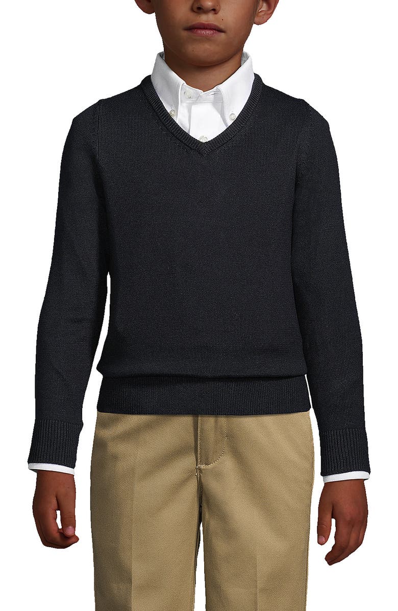 Lands' End School Uniform Boys Cotton Modal Fine Gauge V-neck Sweater, Main, color, Black