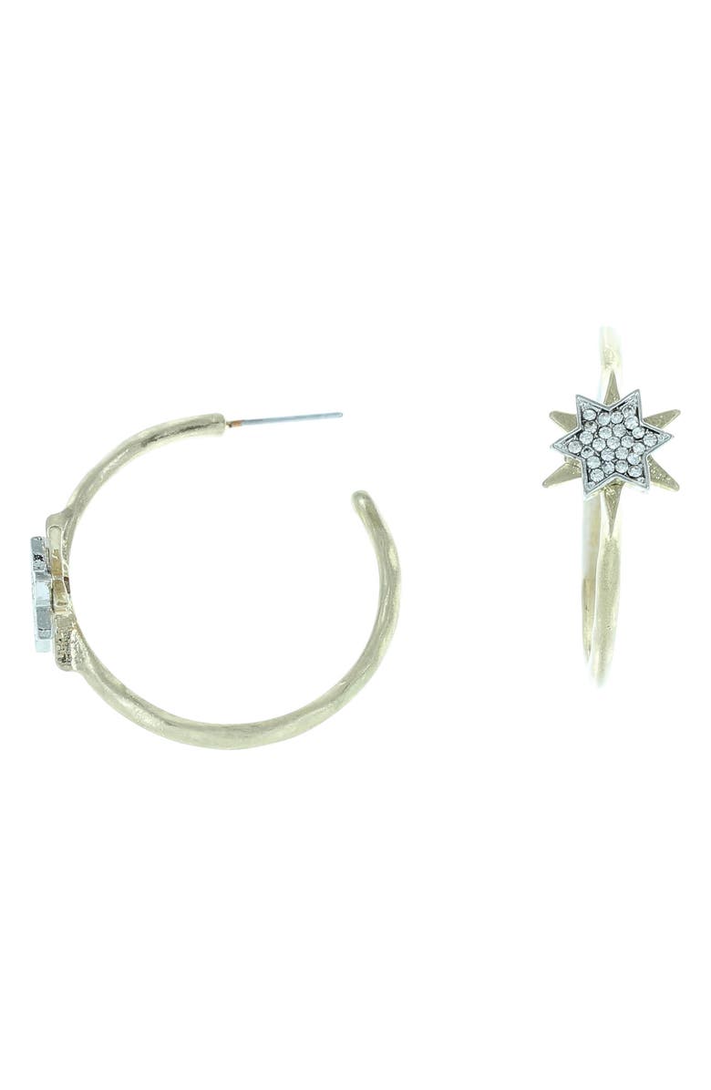 OLIVIA WELLES 14K Gold Plated Pave Crystal Burst Hoop Earrings, Main, color, Gold / Clear