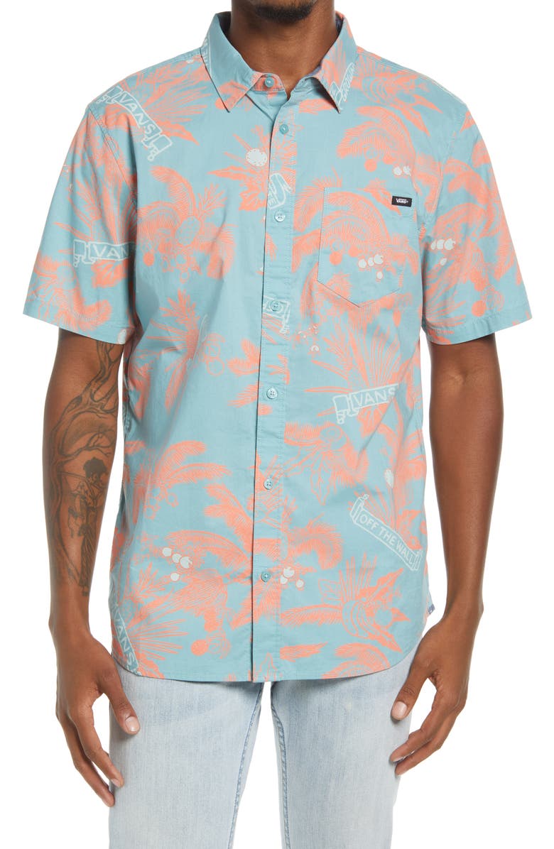 Vans Market Print Short Sleeve Button-Up Shirt, Main, color, 