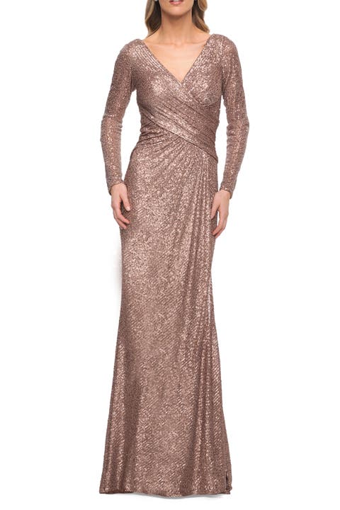 Metallic Sequin Dress with Long Sleeves and V Neck