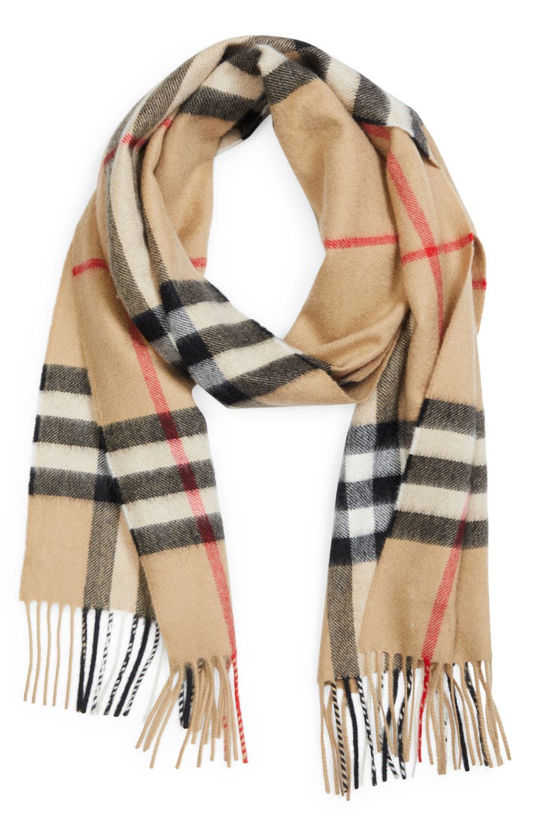 Burberry Check Cashmere Scarf, Alternate, color, Camel