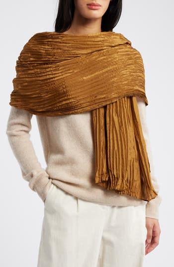 Eileen Fisher Whisper Plissé Silk Scarf In Brown