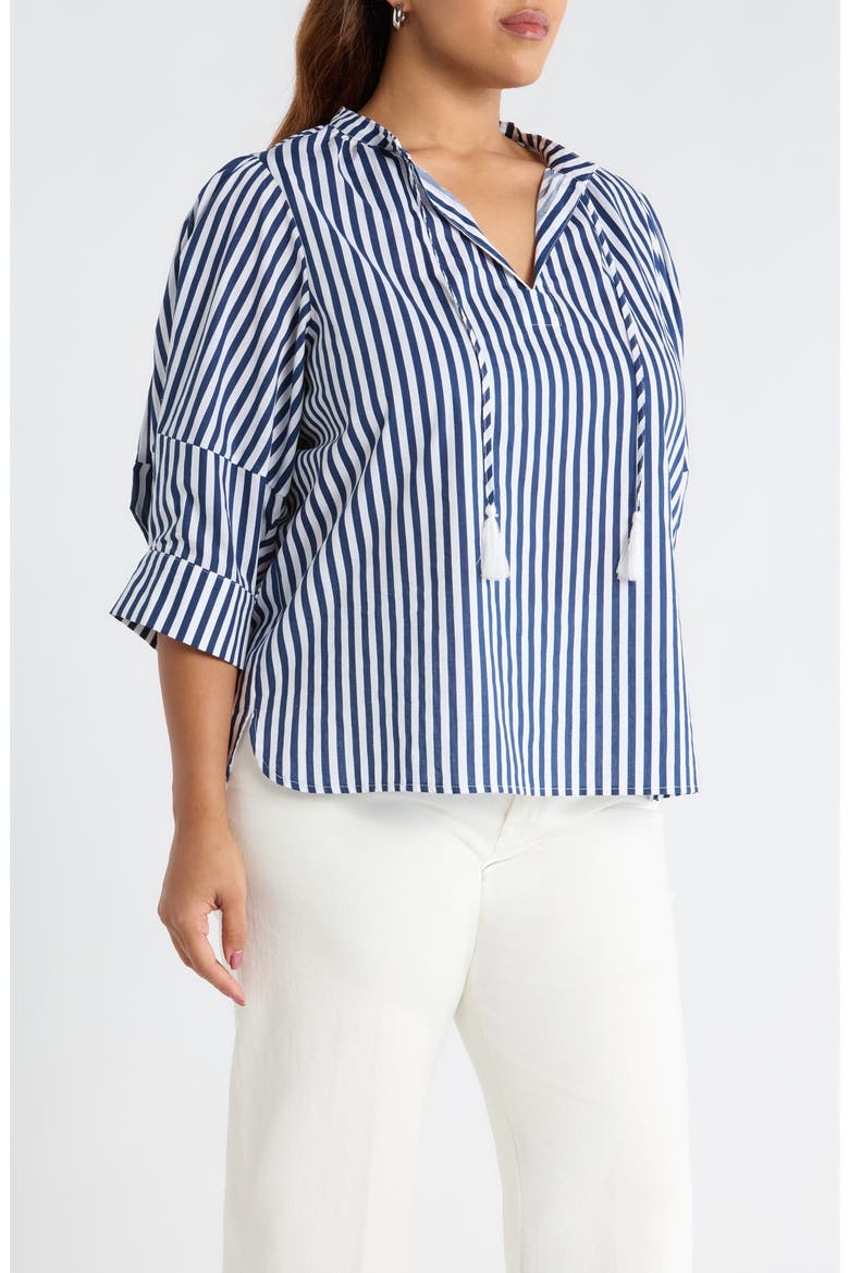 Glenda Stripe Irina Tie Split Neck Top, Alternate, color, NAVY-WHITE