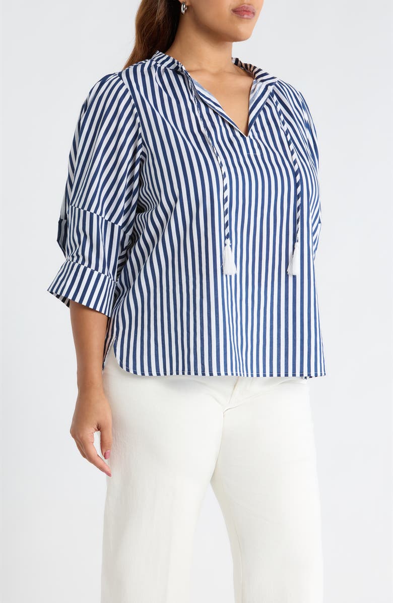 SUGARLIPS Glenda Stripe Irina Tie Split Neck Top, Alternate, color, Navy-White