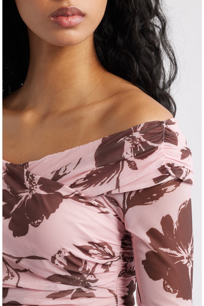 Navida Off the Shoulder Mesh Top, Alternate, color, PINK BROWN FLORAL