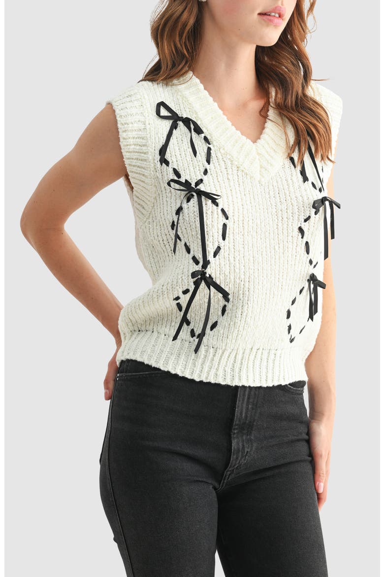 Contrast Bow Sweater Vest, Alternate, color, IVORY