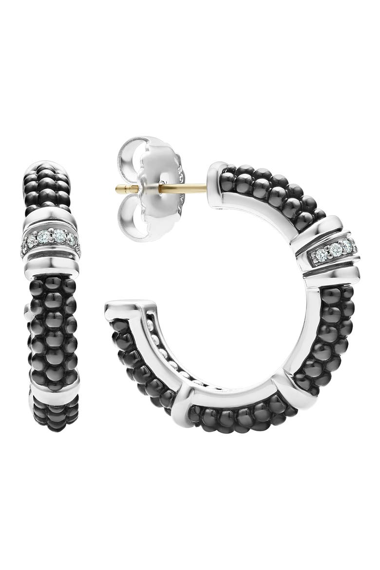 Black Caviar Diamond Hoop Earrings, Main, color, SILVER/ BLACK CERAMIC/ DIAMOND