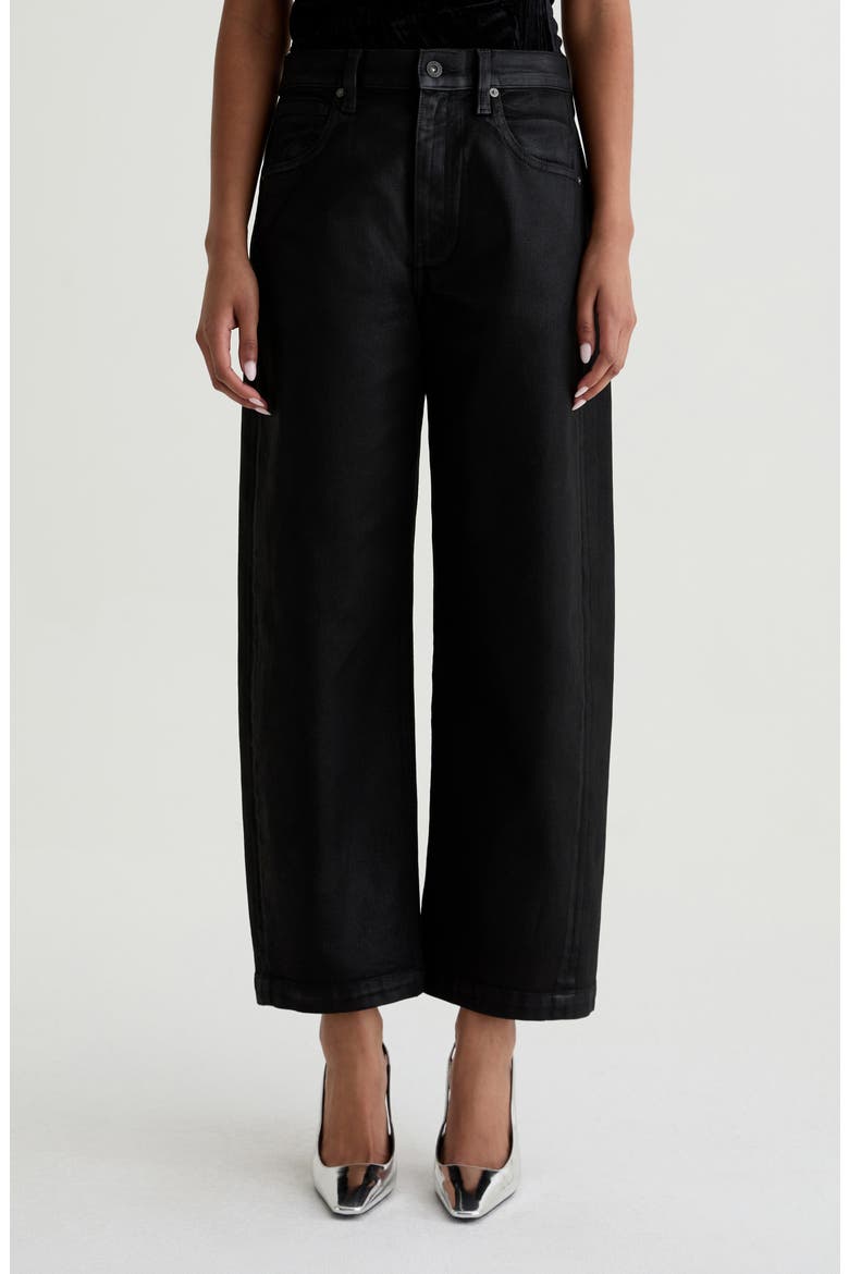 Hattie Coated High Waist Ankle Barrel Jeans, Main, color, BLACK