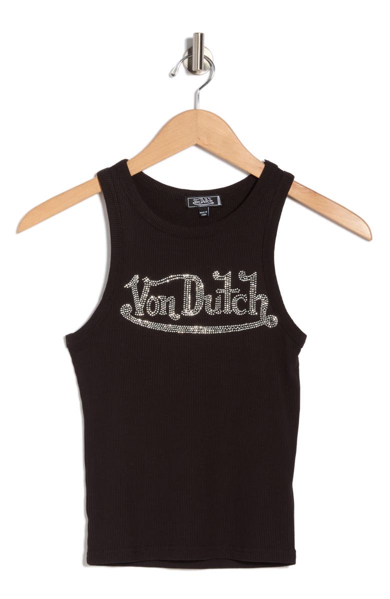 Von Dutch Rhinestone Ribbed Tank, Main, color, Black