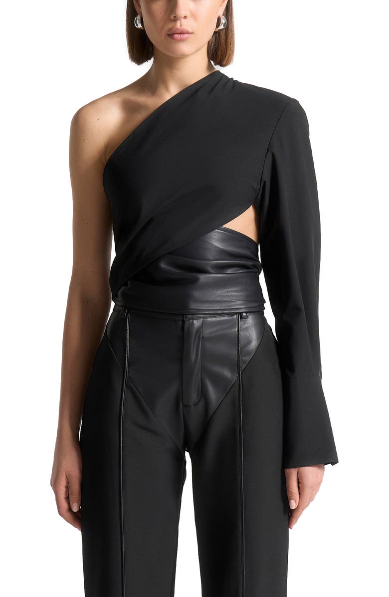 Manière De Voir Coralie One Sleeve Leather Wrap Top, Alternate, color, Black