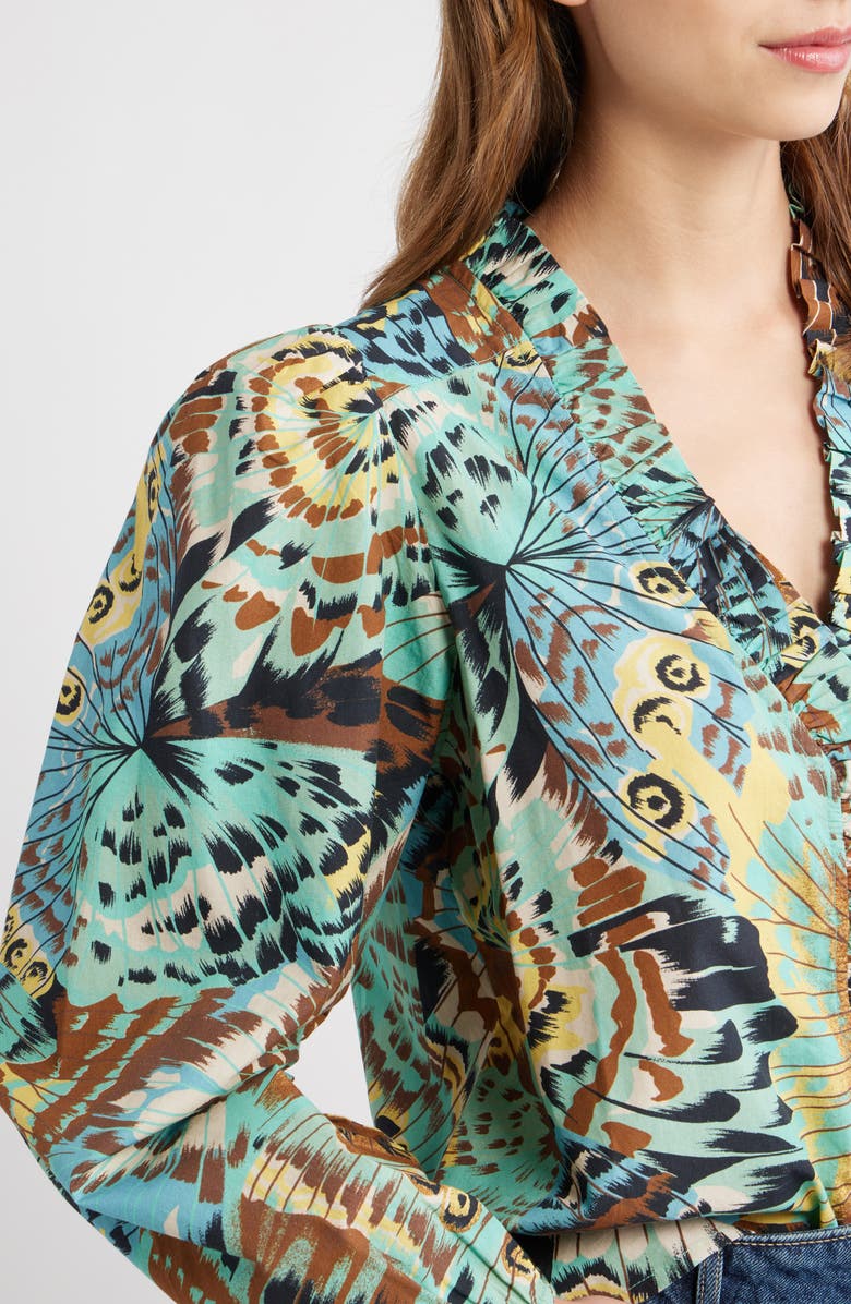 LOVE THE LABEL Zalda Ruffle Trim Cotton Button-Up Top, Alternate, color, Born To Fly Print
