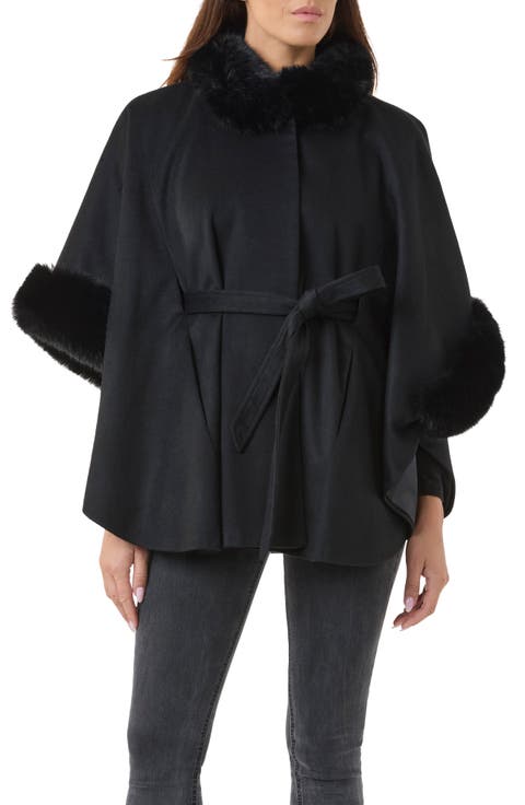 Wool & Cashmere Cape with Faux Fur Trim