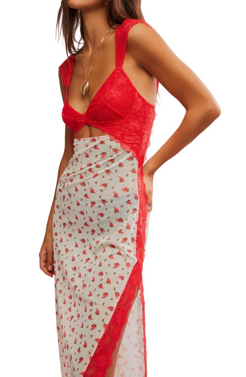 Free People Suddenly Fine Floral Print Cutout Lace Trim Nightgown In Tea Combo