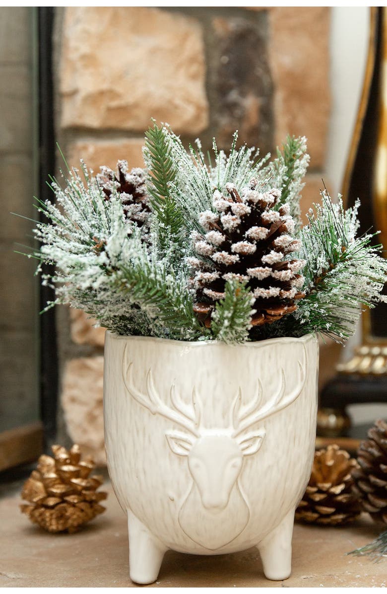 FLORA BUNDA Xmas Mix in 6" Stag Head Ceramic Footed Pot, Alternate, color, White