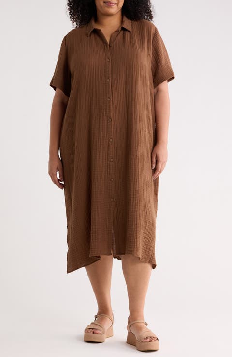Classic Collar Organic Cotton Midi Shirtdress (Plus)