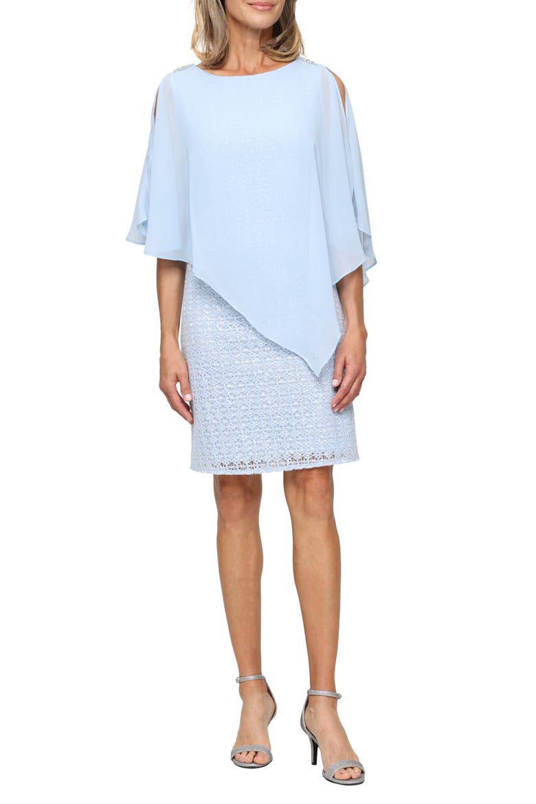 Sequin Open Stitch Cocktail Dress with Cape Overlay, Main, color, LIGHT BLUE